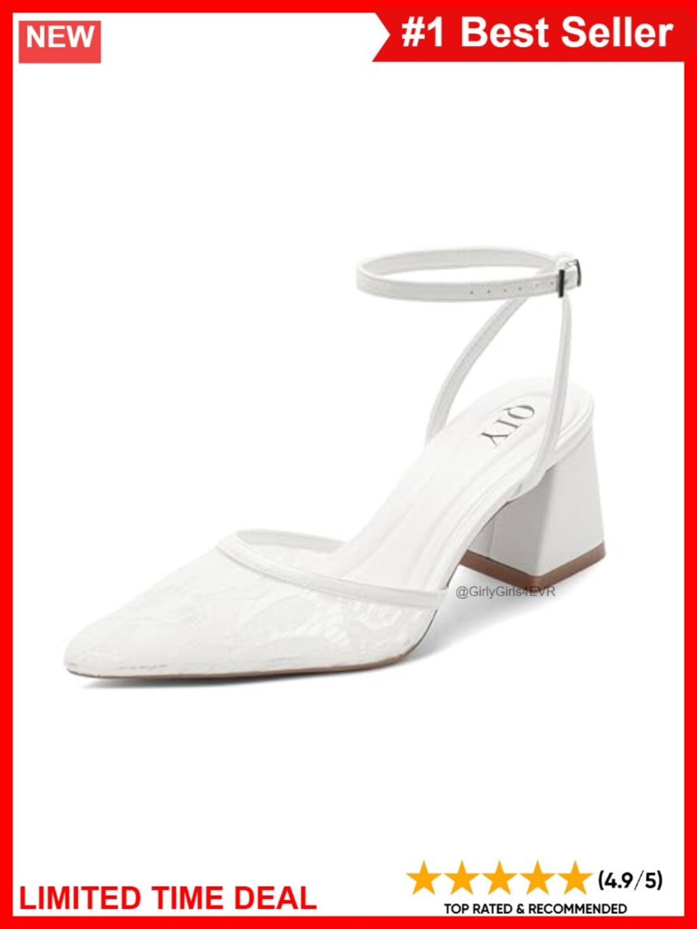 Women's Chunky Heel Pumps with Lace and Pearl Details – Adjustable Ankle Strap